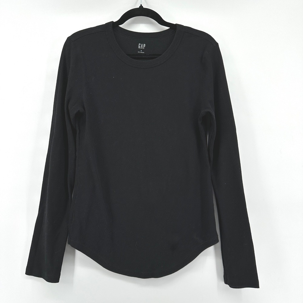 GAP Womens Black Waffle Knit Thermal Long Sleeve Shirt Curved Hem Size M